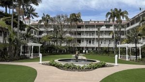 Interior courtyard with a fountain and greenery at the Hotel Del Coronado